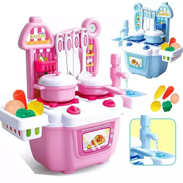 Kitchen Set Kids Simulation Kitchen With Water Tap Function Baby Toys With Light & Sound Red Baby Pretend Play Best Kitchen Play Gifts For Girls