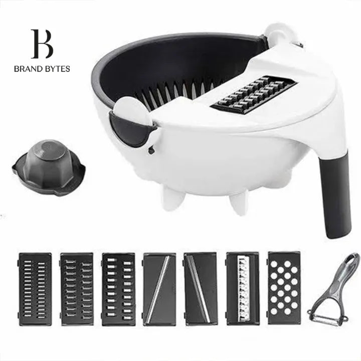 Brand Bytes 9 in 1 Multifunction Vegetable Cutter with Drain Basket Magic Rotate Vegetable Cutter Portable Slicer Chopper