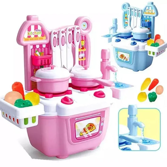 Kitchen Set Kids Simulation Kitchen With Water Tap Function Baby Toys With Light & Sound Red Baby Pretend Play Best Kitchen Play Gifts For Girls