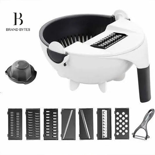 Brand Bytes 9 in 1 Multifunction Vegetable Cutter with Drain Basket Magic Rotate Vegetable Cutter Portable Slicer Chopper
