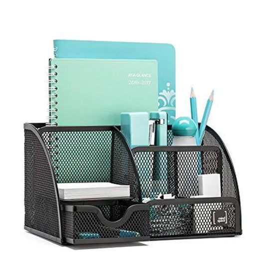 Metal Desk Organizer Mindspace Office with 6 Compartments + Drawer The Mesh Collection, Black