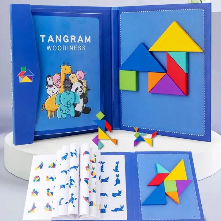 Wooden Puzzle Tangram Book, Travel Magnetic Puzzle, Travel Games Montessori Shape Pattern Blocks Jigsaw for Kids Adult Challenge IQ Educational Toy Gift, On The Go Toys for Kids, Boys, Girls